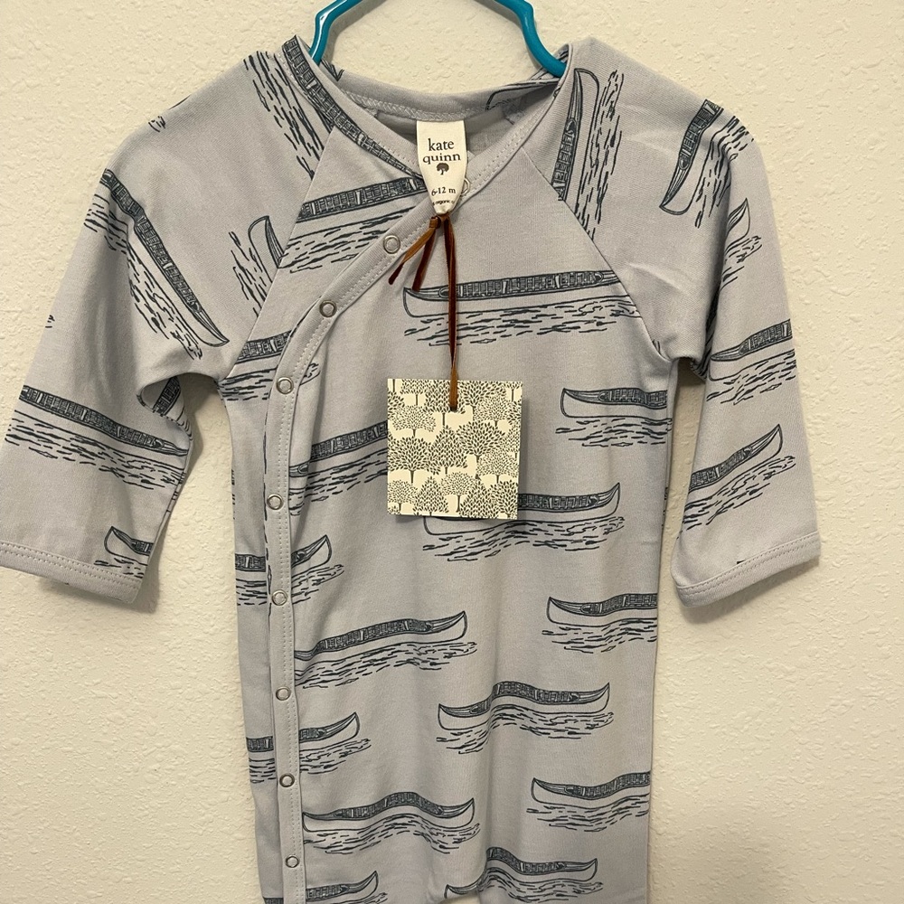Kate Quinn blue canoe, button, long sleeve onesie